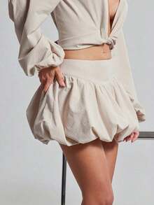 Haute Minifalda de burbujas de cintura alta de unicolor para mujer - Caqui - Ver 3