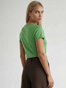 Casual Solid Color Round Neck T-Shirt, Versatile For Summer - Green - View 4