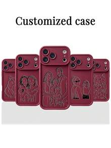 可客製化線條藝術設計手機殼，卡通圖案，相容 iPhone 18 17 16 15 14 13 12 11 Pro Max 與 Plus 系列，適合家庭、情侶、寵物、朋友個人肖像圖像客製化，相容 Galaxy S26 S25 S24 S23 S22 Ultra Plus A56 A55 A54 A53 A35 A15 A14 5G 裝置 - 酒紅色 - 查看 6