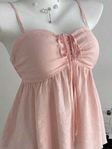 Camiseta de tirantes con volantes de unicolor lindo para damas, ropa de verano para la universidad - Rosa - Ver 7
