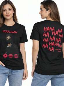 Unisex T-Shirt With Double-Sided "Hooligan Haha" Print, 100% Cotton, Round Neck, Short Sleeves, Urban And Edgy Design, Casual And Streetwear Style, Ideal For Everyday Wear, University, Summer And Going Out, Soft And Breathable, Bold And Stylish Look - 黑色 - 查看 7