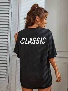 Women's Casual Short Sleeve T-Shirt - Classic Crew Neck, Loose Fit With Embossed Letter Print, Medium Stretch Fabric, All-Season Comfort, Machine Washable, Multiple Options For Casual Outfits, Women's T-Shirts, Non-See-Through Material, Y2k T-Shirt - 黑色 - 查看 2