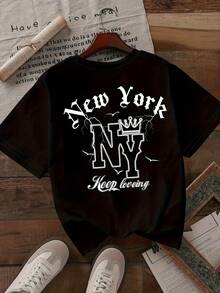 Women's Oversized New York Letter Print T-Shirt - Breathable Stretch Fabric, Black With White NY Print And I NY Emblem Design, Summer Casual Wear, Machine Washable, Urban Style For New York Pride And Everyday Wear, Crew Neck, Relaxed Fit With Crown And Letter Print, Spring/Summer Casual Wear, Perfect For Outdoor Activities And Layering, Spring Wardrobe, Comfortable Material, Lightweight T-Shirt, Printed Top, Y2k T-Shirt For Fashion Lovers. - 黑色 - 查看 4