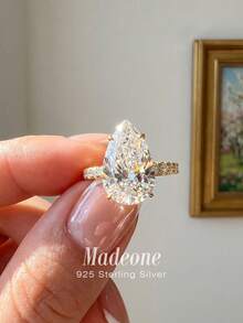 MADEONE 1 pieza Anillo de plata de ley 925 con forma de lágrima, anillo de mujer de estilo europeo exquisito, delicado y único, adecuado para bailes, reuniones y fiestas, un excelente regalo - Anillo de diamantes de 4 quilates en forma de lágrima - Ver 1