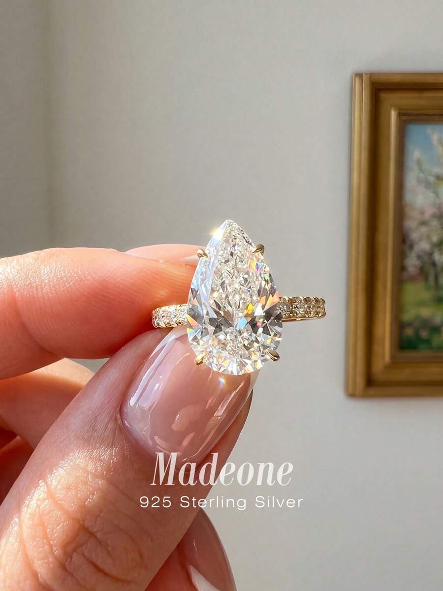 MADEONE 1 pieza Anillo de plata de ley 925 con forma de lágrima, anillo de mujer de estilo europeo exquisito, delicado y único, adecuado para bailes, reuniones y fiestas, un excelente regalo - Anillo de diamantes de 4 quilates en forma de lágrima - Ver 1