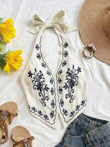 Top corto para mujer estilo bohemio sin mangas con diseño de espalda de tirantes, cuello halter con diseño anudado y bordados florales, adecuado para festivales de música - Azul marino - Ver 5