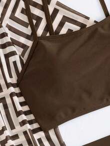 Swim Lushoire Conjunto de 3 piezas de traje de baño de mujer para vacaciones de verano en la playa, con estampado tropical de bikini y kimono como cubierta - Café integral - Ver 7