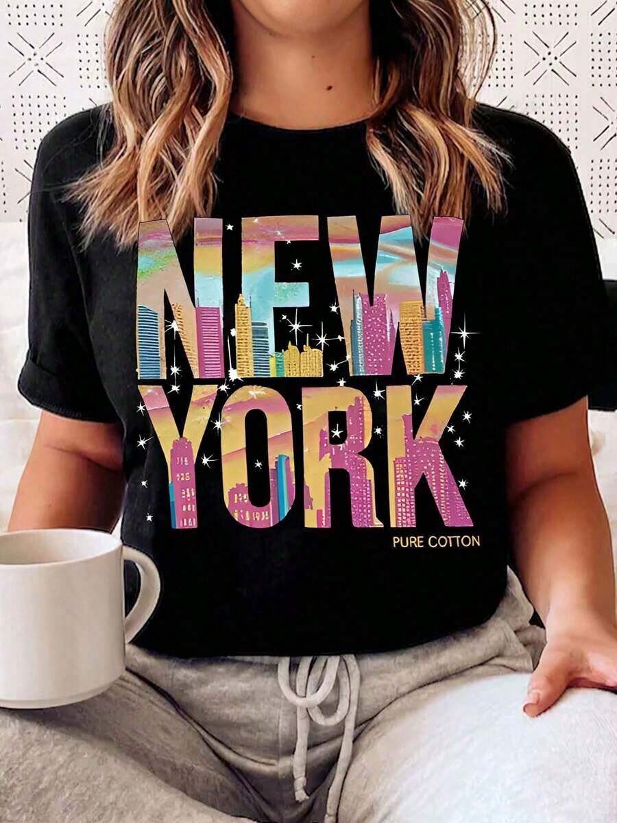 Women's Summer T-Shirt, Casual Style With New York Print, Fashionable Casual T-Shirt For Women, Comfortable, Soft, Sporty, For Fitness, Daily Use, Outdoor, Breathable, With Round Neck And Short Sleeve. - 黑色 - 查看 1