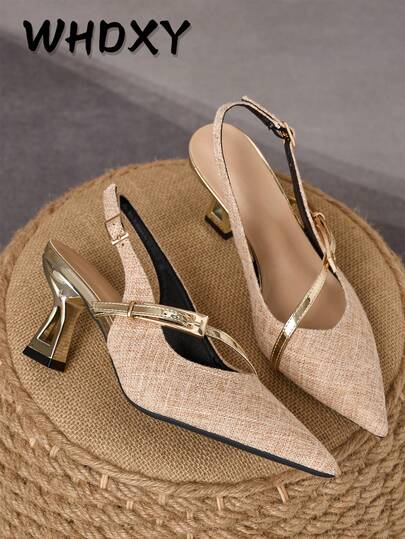 WHDXY 1 Pair Women's Fashion Tweed Closed-Toe Shoes, Mary Jane Style With Metal Buckle, Elegant Mid-Heel Design, Suitable For Work And Daily Wear, 7CM Heel Pumps