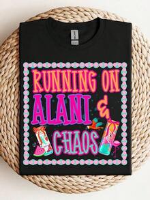 Conjunto para el Día de la Madre, Camiseta Running On Alani And Chaos, Camiseta Coquette Alani, Camiseta Divertida de Bebida Energética, Corte Relajado, Manga Corta, Cuello Redondo, Unisex, Ropa Urbana, para Gimnasio, Conciertos, Conjuntos Familiares a Juego, Año Nuevo 2026 - Camiseta de Moda Urbana - Transpirable y Ligera - Ajuste Cómodo - Casual y Elástica - Patrón Geométrico - Camisetas Casuales de Mujer - Negro - Ver 7