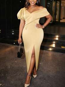 Elegant Apricot One-Shoulder Long Dress With Petal Sleeves, High Slit Fitted Cocktail Party Evening Gown - Apricot - View 3