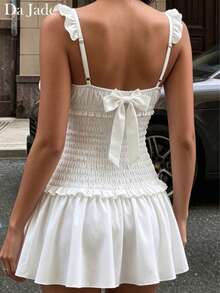Da Jade Eleganti abiti estivi casual da donna, morbidi e leggeri, con arricciature e volant, stile babydoll mini, stratificati e fluidi, adatti per vacanze, spiaggia, appuntamenti e serate - Bianco - Visualizzare 5