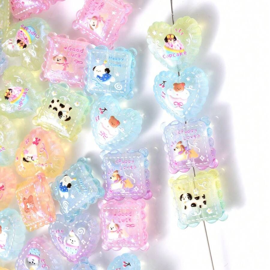 10pcs Happy Dog Print Acrylic Beads, Transparent Gradient Beautiful Birthday Decor Beads, Freely DIY Creative Bracelets, Necklaces, Bag Charms And Other Craft Projects - Multicolor - View 1