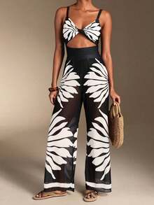 Swim Oasis Traje de baño de una pieza con camisola de patchwork de colores y pantalones de pierna ancha, adecuado para vacaciones en la playa, fiestas en la piscina y fiestas en la playa - Blanco y Negro - Ver 7