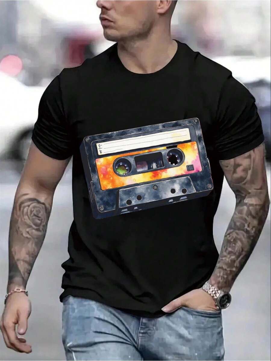 Una camiseta de manga corta retro para mujer, moderna y a la moda, adecuada para actividades al aire libre en primavera y verano;camiseta retro para hombre con diseño de cintas (excluyendo elementos de auriculares y dispositivos inteligentes), lavable a máquina, ropa deportiva casual, regalo para festivales de música al aire libre para hombres, talla XL, entrega desde almacén local, regalo para el Día de San Valentín para hombres, camisa para hombre, ropa, pijama para casa, regalo divertido y original, en oferta con descuento, adecuada para San Valentín, Pascua, Día de la Madre, etc.blusas para mujer,blusas casuales para dama,tops,, mujer premium,y2k,playeras de mujer curvy,ofertas y liquidaciones ropa mujer,playeras deportivas para mujer,,playeras de hombre, mujer,blusas>elegante ERHG - Negro - Ver 1