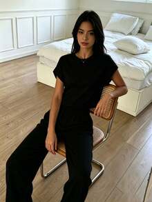 Conjunto de mujer de punto gris para el hogar, top y pantalones casuales simples y de moda para el día a día - Negro - Ver 3