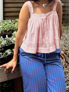 Women Camisole, Sleeveless Tops Lace Trim Button Closure Loose Summer Vest for Party Club - Rosa - Ver 1