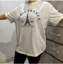 Camiseta holgada de manga corta con cuello redondo y estampado de la Torre Eiffel "PARIS" en blanco, adecuada para la temporada deportiva en París - Blanco - Ver 6