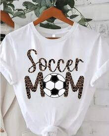 Casual Printed Soccer Mom Top With Football Design, Women's Regular Fit Short Sleeve Crew Neck Graphic Top, American Casual Night - 白色 - 查看 1