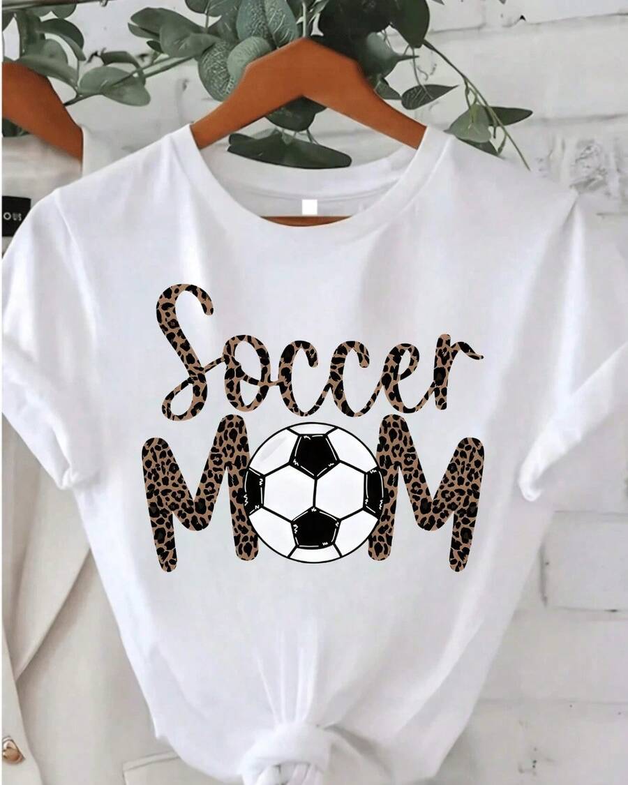 Casual Printed Soccer Mom Top With Football Design, Women's Regular Fit Short Sleeve Crew Neck Graphic Top, American Casual Night - 白色 - 查看 1