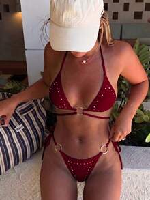 Bộ bikini màu trơn đính kim cương lấp lánh, sequin, hở lưng, kiểu tam giác buộc dây bên hông, gợi cảm, bán chạy nhất mùa hè, màu trơn, kiểu dáng thường ngày, gợi cảm, buộc dây sau lưng, thích hợp cho kỳ nghỉ biển, màu đỏ. - Đỏ - Xem 1