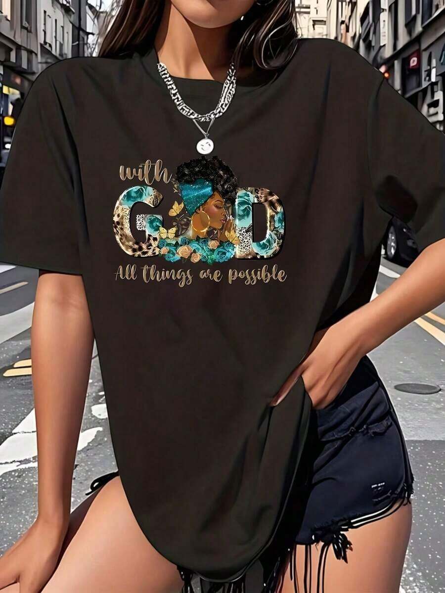 1 Piece Women's Plus Size T-Shirt With Cartoon Portrait Print And The Letter GOD, Fun, Short Sleeve, Graphic, Novelty, 100% Cotton, 220g, Casual Round Neck, 180g 100% Cotton - 黑色 - 查看 1