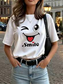 Camiseta de manga corta blanca con cuello redondo y estampado de dibujos animados para mujer, camiseta gráfica, adecuada para conjuntos de verano, otoño e invierno - alta calidad - Blanco - Ver 4