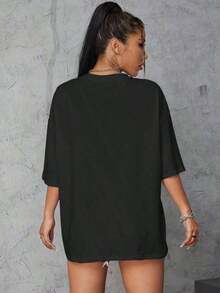 Cómodo Camiseta de Hombros Caídos con Diseño de Escultura y Letras, Camisetas Gráficas para Mujer, playeras de mujer algodon, blusa casual mujer,  mujer - Negro - Ver 2
