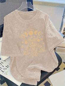 Women's T-Shirt: A High-Quality, Modern Printed T-Shirt Made Of Pure Cotton, Vintage Brand, Popular For Everyday Wear, A Holiday Gift, The Perfect Present - 230g Washed Cotton T-Shirt For Casual Wear. - 杏色 - 查看 1