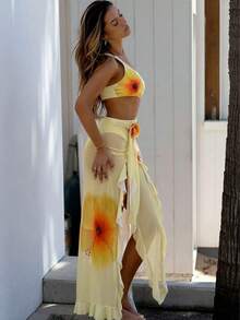 Bonvoyette Set de 2 piezas Traje de baño de una pieza con tirantes finos y estampado floral, con falda asimétrica de malla, sexy y elegante para vacaciones de verano - Amarillo - Ver 8