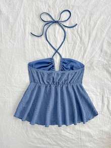 Camiseta de cuello halter casual gris azul texturizada para mujer de vacaciones - Azul - Ver 2