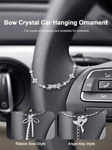 Butterfly & Crescent Moon Rhinestone Car Hanging Decor, Rearview Mirror Elegant Car Interior Decoration, Atmosphere Enhancing Hanging Accessory - Bow - View 1