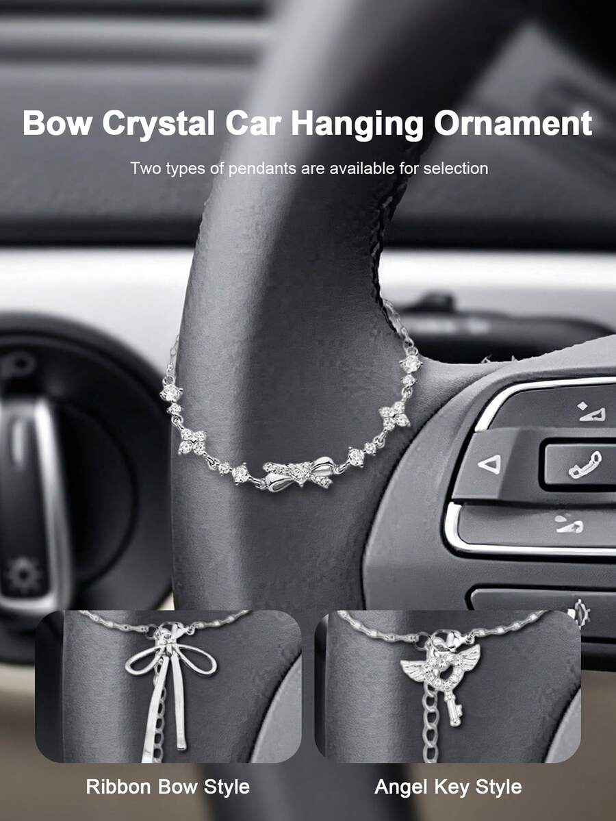 Butterfly & Crescent Moon Rhinestone Car Hanging Decor, Rearview Mirror Elegant Car Interior Decoration, Atmosphere Enhancing Hanging Accessory - Bow - View 1