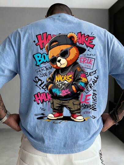  Camiseta suelta de hombre FRACTYR de azul claro lavado, camiseta suelta de manga corta con estampado de oso de peluche de hip hop, camiseta casual transpirable adecuada para uso al aire libre