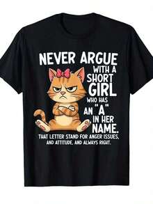 Angry Cartoon Print T-Shirt - Unique Black T-Shirt With An Orange Furry Animal Design And A Funny Slogan: "Never Argue With A Short Girl Whose Name Starts With The Letter A" - A Fun Fashion Item Designed Especially For Humor Lovers And Enthusiasts. Available In Stock At Our Community Store, Comfortable And Soft Cotton, Enjoy Special Discounts, Suitable For Easter, Halloween, Thanksgiving, Etc. - 黑色 - 查看 11