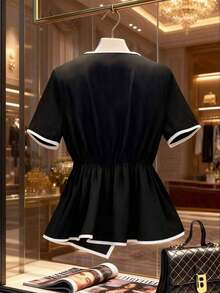 Blusa de mujer elegante de manga corta con estampado, top casual y versátil - Negro - Ver 2