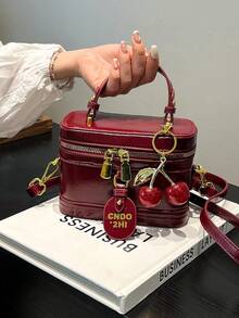 Elegant Chic Solid Color PU Leather Portable Square Bag, Mini PU Bag, Waterproof Burgundy Fabric Bag, Letter Graphic Decor Design Box Bag, Suitable For Travel, Shopping, Party, Commuting, Fashionable Burgundy Bag, Essential For New Year , Burgundy Bag - 酒紅色 - 查看 1