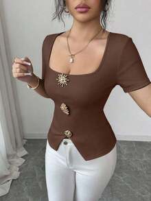 Blusa elegante y urbana de cuello cuadrado con decoración metálica de manga corta ajustada para mujer, adecuada para uso diario, bodas, galas, viajes, fiestas de graduación, vacaciones, citas, fiestas, Halloween, Navidad, Año Nuevo, Acción de Gracias, bodas - Marrón - Ver 5