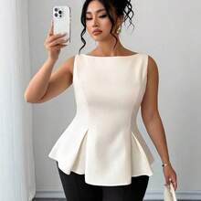 Plus Size Women's Cream Almond Off-Shoulder Split-Front A-Line Dress With Ruffle Hem, Elegant French Romantic Vintage Commute Business Beach Casual Minimalist Versatile, New Spring/Summer Wedding Party Afternoon Tea Women Elegant Outfits Tops For Women Elegant Classy Peplum Tops Women Latest Tops For Women New Arrivals Peplum Top Curve - Albaricoque - Ver 4