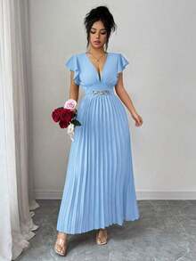 Nuevo vestido maxi elegante de ajuste ceñido para mujeres con cuello en V, mangas con volantes, tejido de unicolor, decoración de metal, diseño plisado, para fiesta de San Valentín, resort, cóctel - Azul - Ver 5
