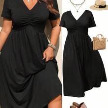 Rometta Elegant Casual V-Neck Pleated Design Short Sleeve Knit Plus Size Women Dress, New Arrival - Azul Marino - Ver 2