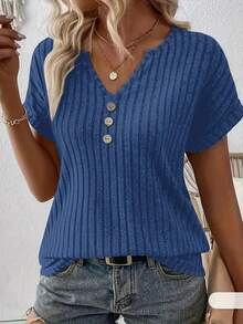Primavera/novedad de verano, top acanalado de color sólido con cuello en V y botones decorados, camiseta elegante para mujer S-2XL - Azul - Ver 6