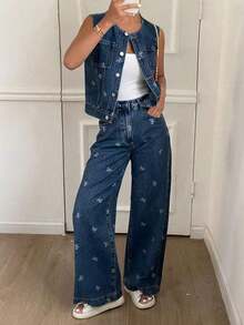 2 piezas Conjunto de chaleco sin mangas casual con estampado de moño y pantalones vaqueros sueltos de verano para mujer - Azul lavado medio - Ver 1