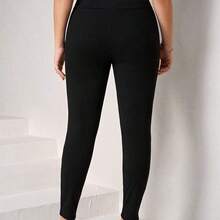 Plus Button Detail Leggings Black Pants - Verde Oscuro - Ver 11