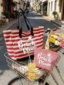 大容量紅白色條紋椰子樹圖案沙灘托特包，時尚「Beach」圖案設計，可折疊帆布肩背包，防水防沙旅行袋，適合夏季必需品，完美適用於沙灘旅行、游泳、購物和日常使用，適合女性、旅行者和沙灘愛好者，適合春假、復活節、母親節、度假和禮物，耐用編織材質，可用作沙灘包、購物袋和旅行伴侶，超大容量 - 彩色 - 查看 3
