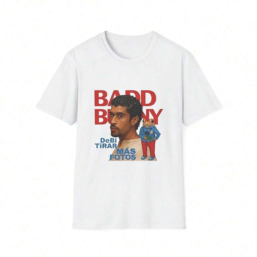 Póster de artista musical puertorriqueño - Ilustración estilo trap latino - Arte mural estético con vibras veraniegas - Regalo para fanáticos de la mú Camiseta 100% Algodón Unisex - Playera Casual Premium de Corte Cómodo - Blanco - Ver 1
