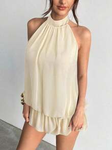 Vestido casual de verano para mujer con cuello halter, unicolor y volantes en el bajo - Rojo cereza - Ver 11