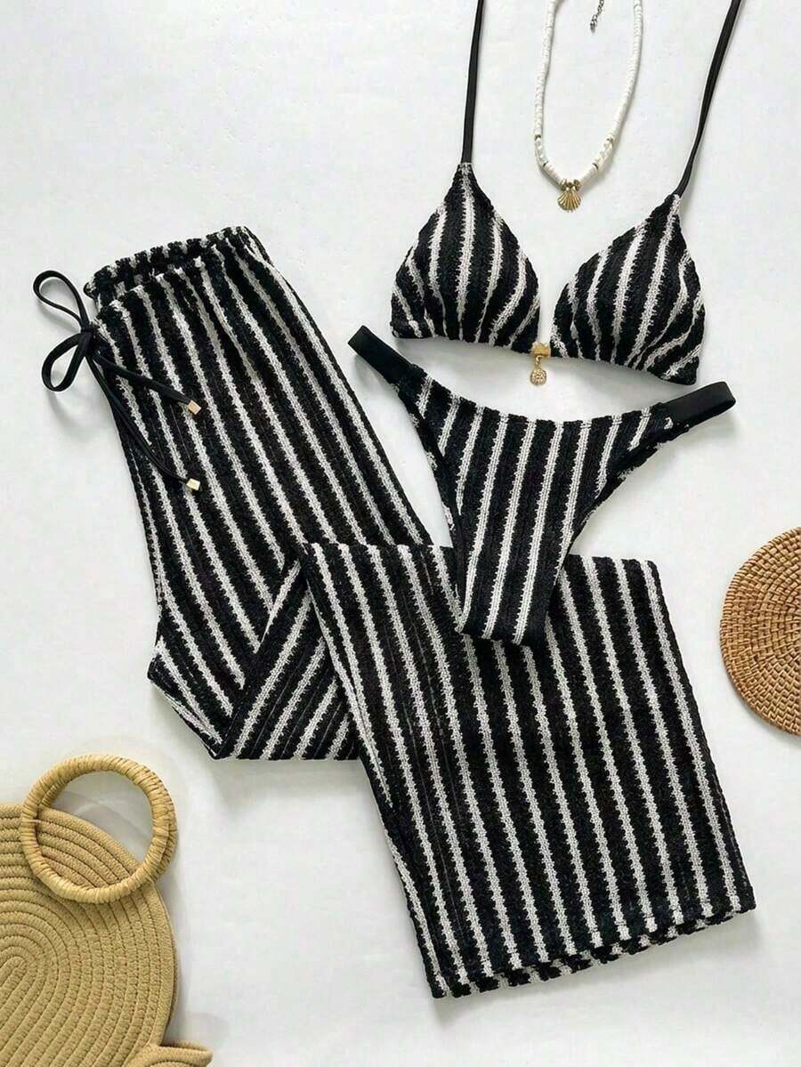 Swim Chiccia Conjunto de bikini a rayas sexy para mujer con pantalones, nueva llegada de trajes de baño para mujer 2026, adecuado para la escuela, vacaciones, citas, té de la tarde, estilo occidental, cruceros, playa, isla, viajes por carretera, todas las estaciones, festivales de música, vacaciones bohemias, vacaciones bohemias, otoño relajado, estilo occidental bohemio, blusas elegantes para mujer - Blanco y Negro - Ver 1