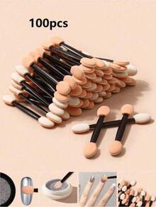 100 piezas Brochas de maquillaje desechables de doble cabeza para sombras de ojos, herramientas de arte de uñas, incluye esponjas mágicas de doble extremo, brochas degradadas para uñas y pinzas para dedos - Multicolor - Ver 1