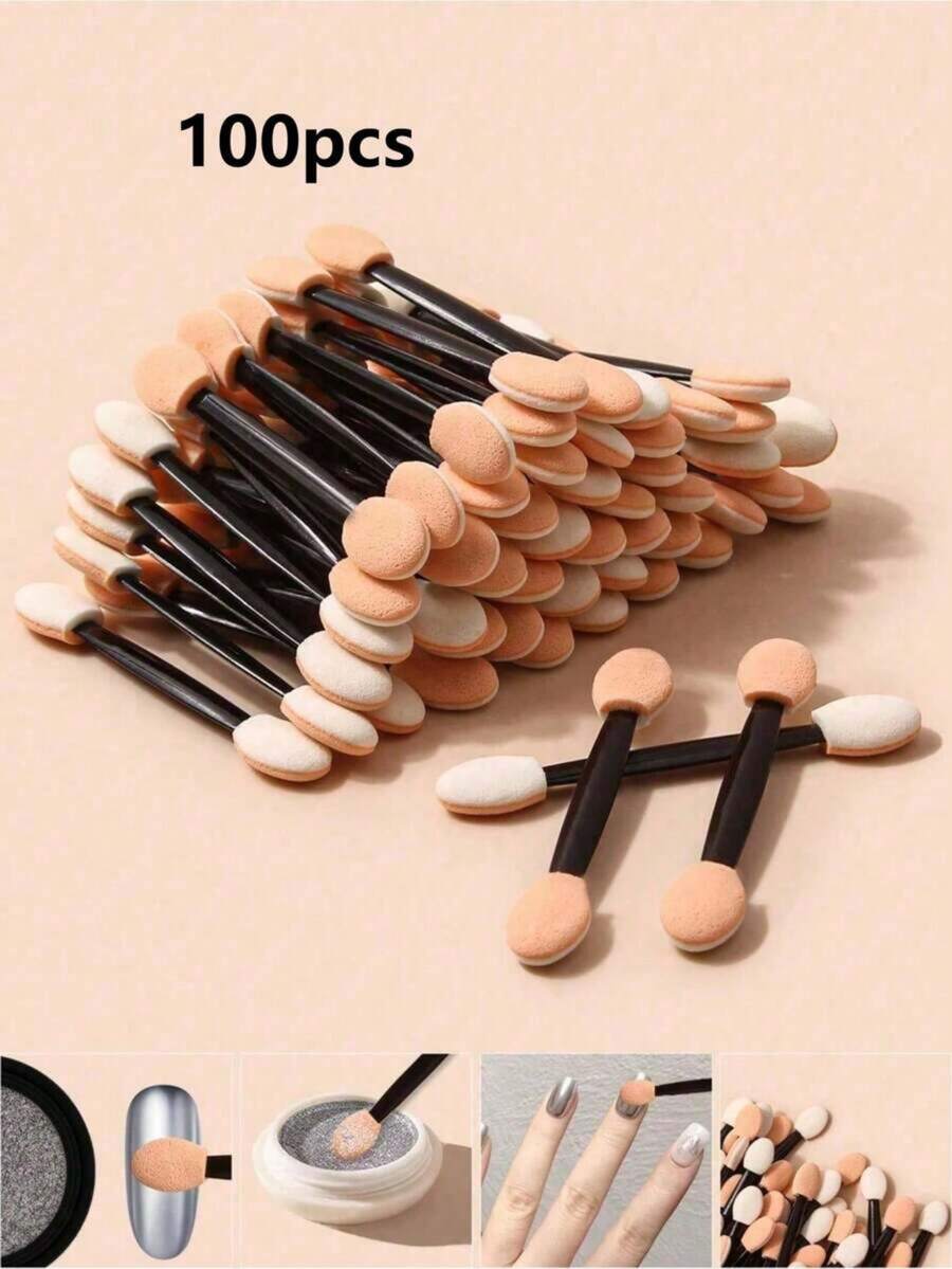 100 piezas Brochas de maquillaje desechables de doble cabeza para sombras de ojos, herramientas de arte de uñas, incluye esponjas mágicas de doble extremo, brochas degradadas para uñas y pinzas para dedos - Multicolor - Ver 1